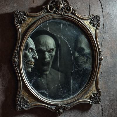 The primary subject of the image is a mirror with a reflection of three ghostly figures. The setting is a dark room, and the visual style appears to be a photo. The dominant colors are black and white, creating a spooky and eerie atmosphere.